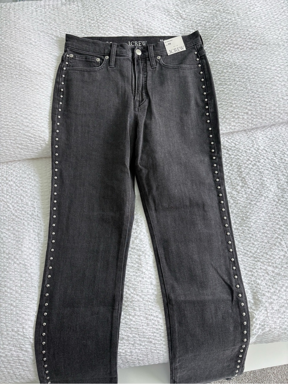 J. Crew Black Straight-Leg Jeans with Silver Stud Side Trim